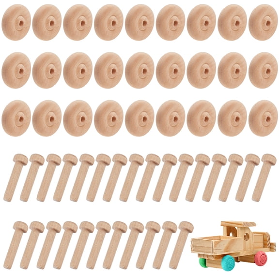 36 Packs Wooden Wheels Craft 1.5x0.5 Inch Mini Unfinished Flat Wood Craft Wheel with 1.24" Long Wood Sticks