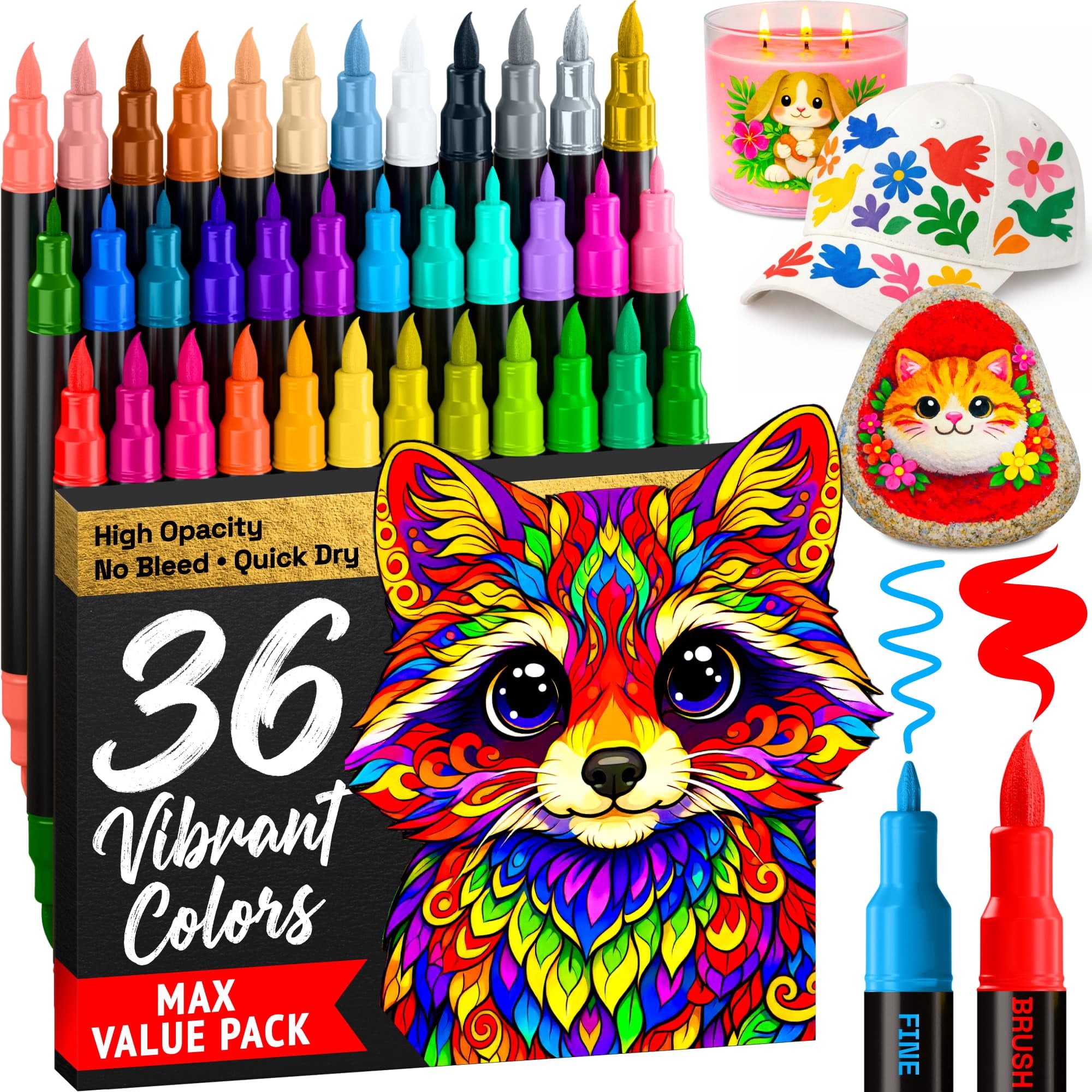 36 Paint Markers - Pens For Drawing  Brush + Fine Tips Fabric Rock Glass Wood Diy Art & Craft Supplies Adults Teens Teacher Appreciation Gift