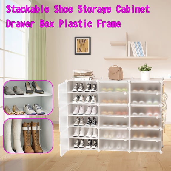 36 Pair Stackable Shoe Storage Cabinet Drawer Box Plastic Frame ...