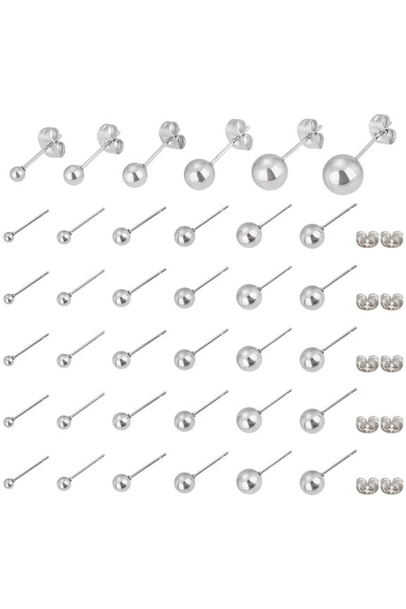 36 Pairs 6 Sizes 3mm/4mm/5mm/6mm/7mm/8mm Stainless Steel Round Ball Ear Studs Spherical Stud Earrings Cartilage Earrings for Jewelry Making Pin:0.7mm