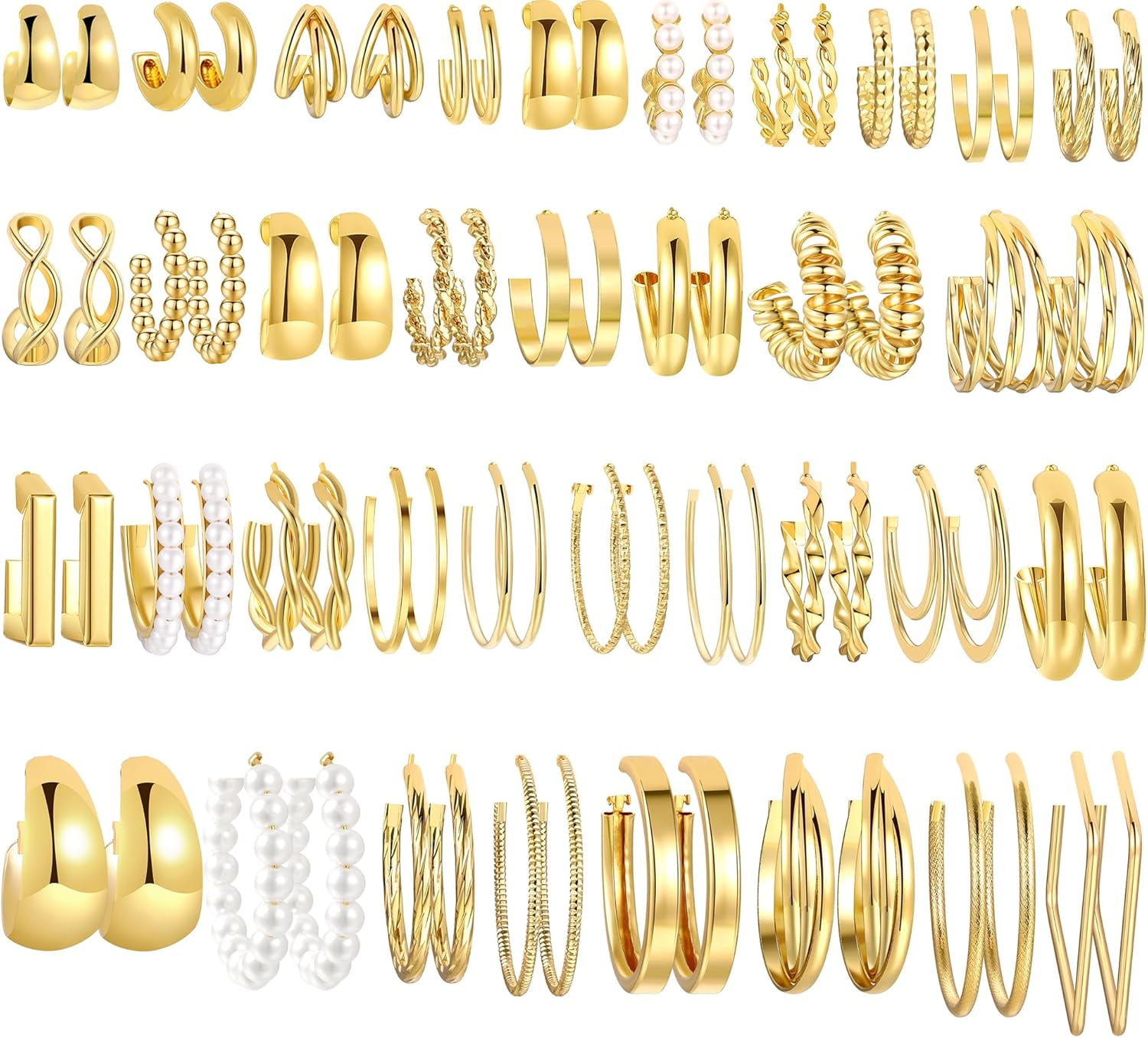 UMEHOME 36 Pairs Gold Earrings Set For Women, Fashion Pearl Chain Link Stud Drop Dangle Earrings Multipack Hoop Earring Packs, Hypoallergenic Earrings For Birthday Party Jewelry[Z217]