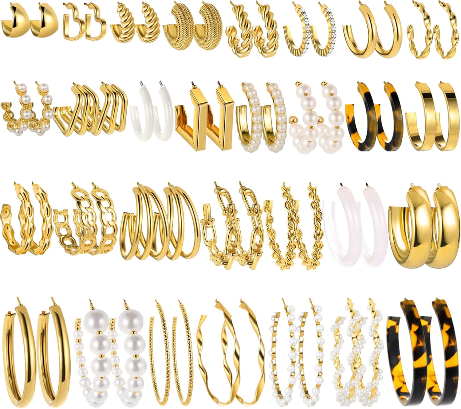 UMEHOME 36 Pairs Gold Earrings Set For Women, Fashion Pearl Chain Link Stud Drop Dangle Earrings Multipack Hoop Earring Packs, Hypoallergenic Earrings For Birthday Party Jewelry[Z218]