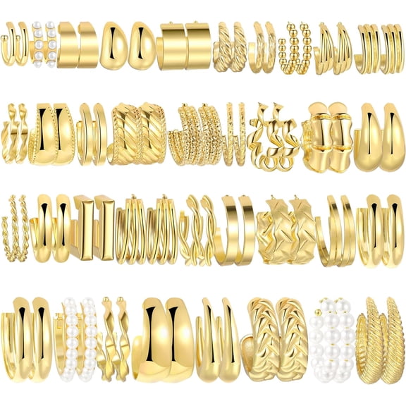36 Pairs Gold Earrings Set For Women, Fashion Pearl Chain Link Stud Drop Dangle Earrings Multipack Hoop Earring Packs, Hypoallergenic Earrings For Birthday Party Jewelry[Z216]