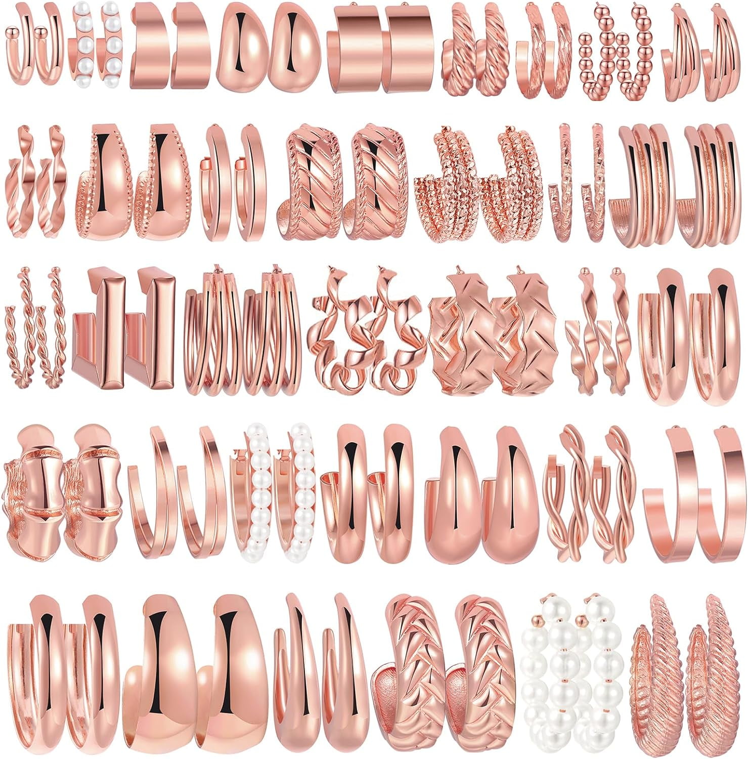 UMEHOME 36 Pairs Gold Hoop Earrings Set For Women, Fashion Chunky Gold Hoop Earrings Multipack, Hypoallergenic Pearl Chain Twisted Statement Earring Pack For Birthday Party Jewelry[Z395]