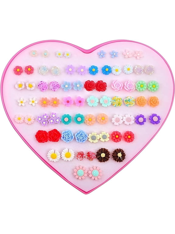 36 Pairs Hypoallergenic Flower Stud Earrings Rose Sunflower Daisy Earrings Posts with Heart Gift Box Sets for Women Sensitive Ears Daily Sport Party, Resin