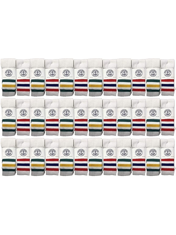 36 Pairs Of SOCKS'NBULK 26 Inch Wholesale Women's Tube Socks, Women's Cotton Referee Sport Socks Size 9-11 (White w/Stripes)