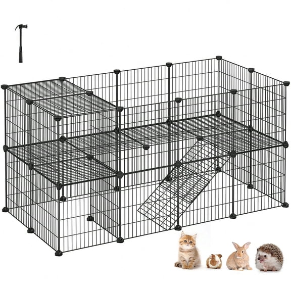 36-Panel Modular Small Animal Playpen with Ramp, 2-Level Wire Enclosure, Black