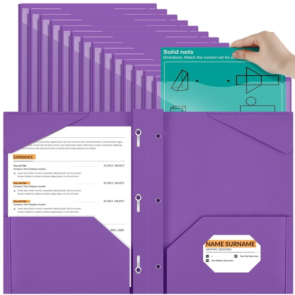 36 Pc Plastic Folder with Clear Front Pocket and 3 Prong Plastic Folder (Purple)