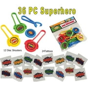 36 Pc Superhero Party Favor Pack (12 Disc Shooters & 24 Super Hero Kids Tattoos) Boys Super Hero Birthday Shop Party Favor Supplies & Decorations