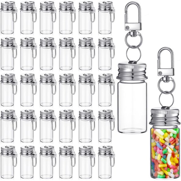 36 Pcs 10ml Small Glass Bottle Keychain Bulk Mini Seasoning Bottles Keychain with Aluminum Lid Tiny Glass Wishing Jars Message Potion Bottles for DIY Wedding Favors Home Crafts Travel Gifts