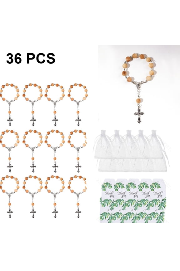 36 Pcs/ 12 Set Wooden Cross Rosary Bracelets, Handcrafted Religious Prayer Beads with Cross Pendant, Gift Bags and Cards for Baptism Wedding Communion Easter Favors