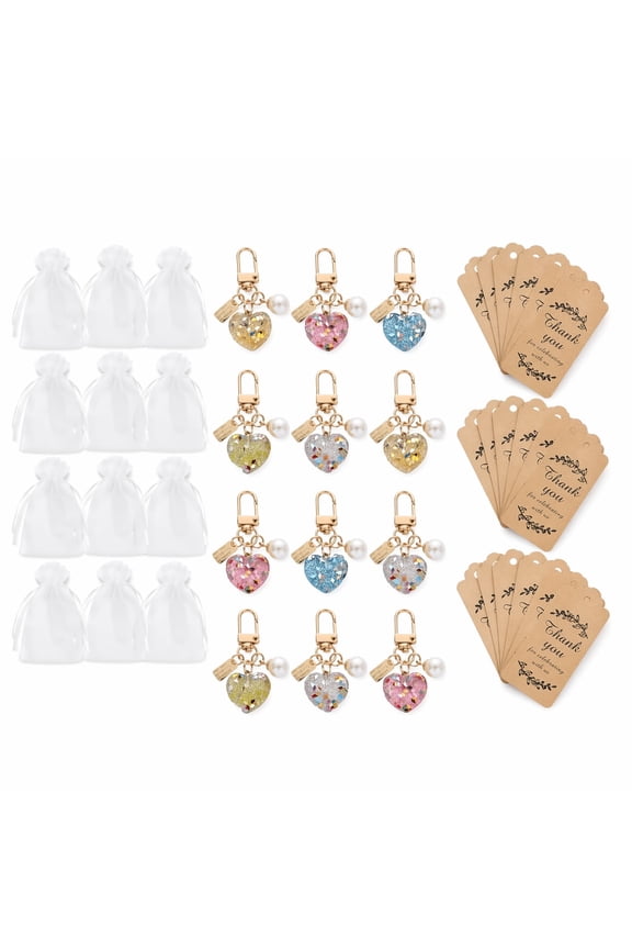 36 Pcs 12 Sets Acrylic Heart Keychains with Thank You Cards and Mesh Bags, Mini Bag Charms and Party Favors, Cute Jewelry Collection for Birthday Wedding Graduation Party Gifts