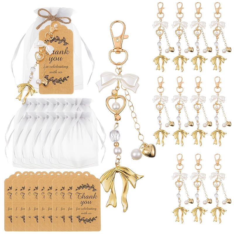 36 Pcs 12 Sets Pearl Bow Keychain Gift Set, Elegant Bow Pendant Keychains with Thank You Cards and Organza Bags for Wedding Bridal Shower Baptism Celebration Party Favors