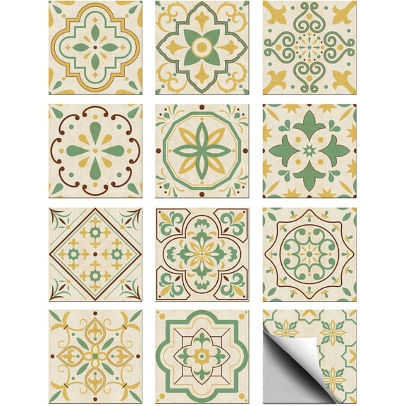 36 Pcs 12 Style Wall Stickers Yellow and Green Pattern Peel and Stick Wall Tile Retro Geometric Style Waterproof Self Adhesive Stick on Tile Decals for Kitchen Bathroom Art Decor 44 Inch