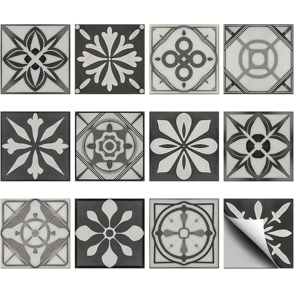 36 Pcs 12 Styles Grey Talavera Mexican Peel and Stick Wallpaper Self Adhesive Wallpaper Tile Stickers Used for DIY Kitchen Bathroom Bedroom Wall Fireplace Floor Decoration 3.9x3.9 Inch