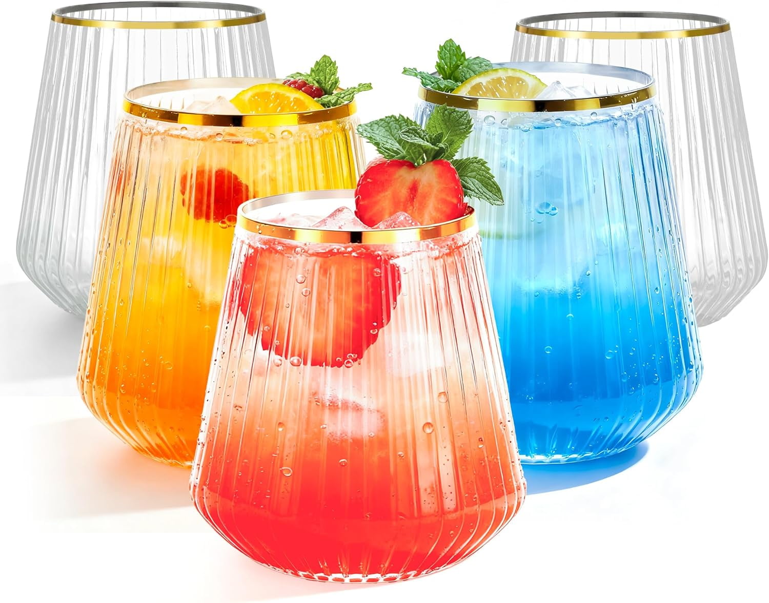 36 Pcs 12 oz Clear Ribbed Plastic Wine Glasses, Origami Ripple Disposable Champagne Flutes Elegant Whiskey Tumblers for Weddings, Bars, Parties and Daily Use
