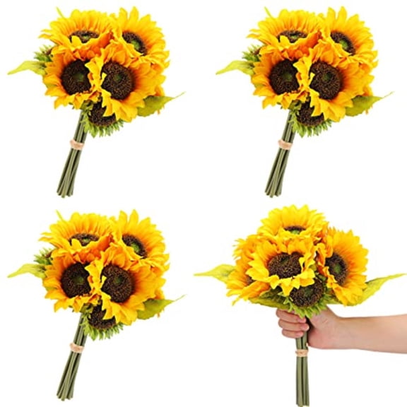 36 Pcs 4 Bundles Fake Sunflowers with Stems Artificial Sunflower Bouquet for Wedding Faux Silk Sunflowers Bride Bridesmaid Holding Flowers for Vase Table Centerpieces Home Office Garden Decoration