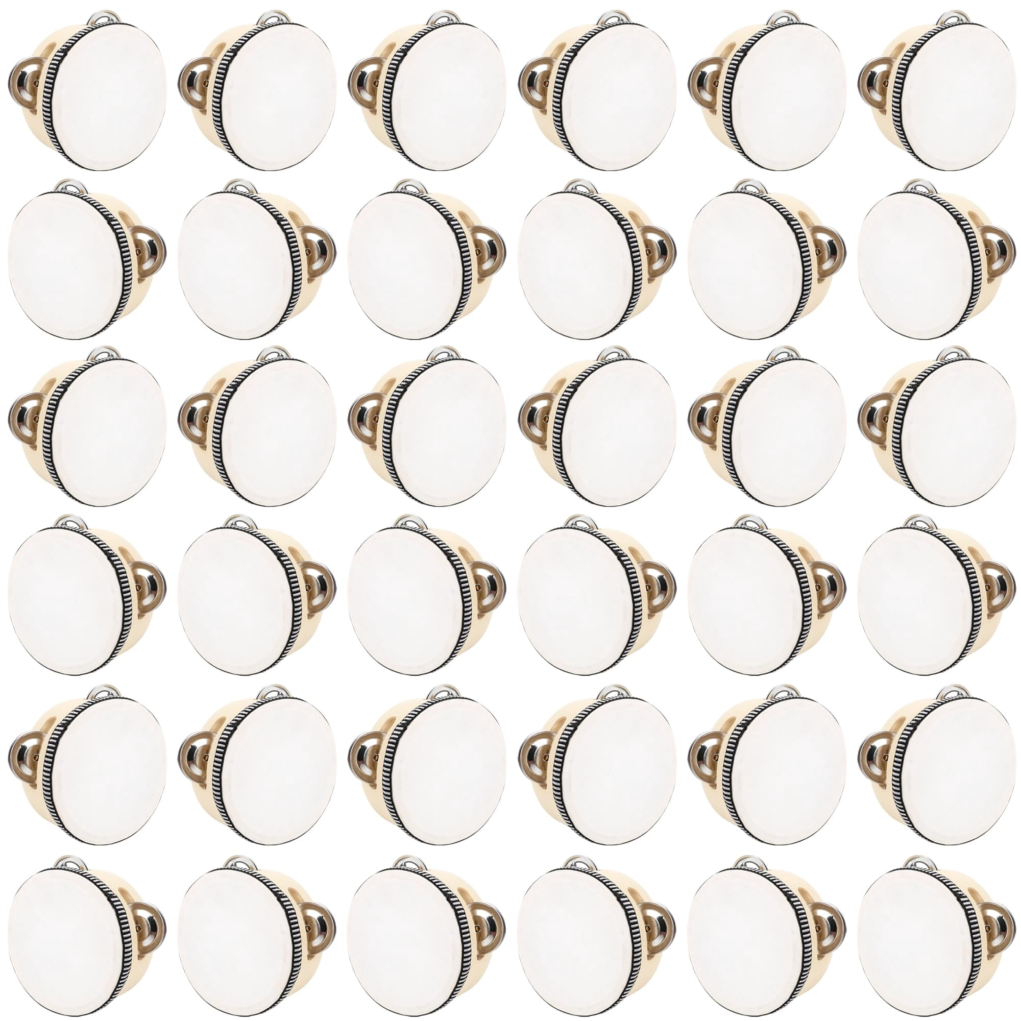 36 Pcs 4 Inch Wedding Tambourines Drum Wooden Natural Handheld Drums Metal Jingles Musical Instruments Percussion For Adult Church Party Favor