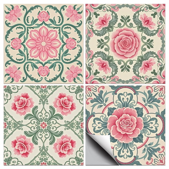 36 Pcs 4 Style Pink Flowers Tile Stickers Roses Peel and Stick Wall Tile Stickers Retro Pattern Waterproof Self Adhesive Stick on Tiles Decals