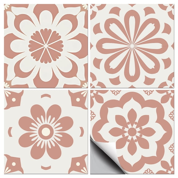 36 Pcs 4 Style Pink Flowers Tile Stickers Simple Geometric Flowers Peel and Stick Wall Tile Stickers Waterproof Self Adhesive Stick on Tiles Decals