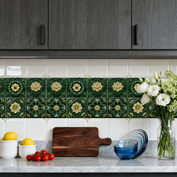 36 Pcs 4 Style Retro 3D Flowers Style Patten Tile Sticker Green Flowers Pattern Wall Tile Stickers Waterproof Self Adhesive Stick on Decals