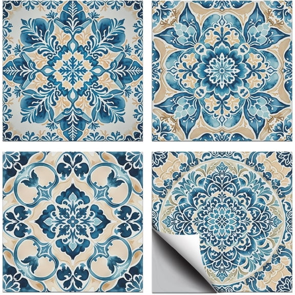 36 Pcs 4 Style Tile Sticker Retro Blue Style Patten Peel and Stick Wall Stickers Geometric Flower Waterproof Self Adhesive Stick on Tile Decals for DIY