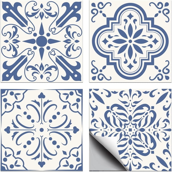 36 Pcs 4 Style Tile Stickers Blue and Beige Peel and Stick Wall Tile Stickers Portuguese Pattern Waterproof Self Adhesive Stick on Tiles Decals for DIY Making