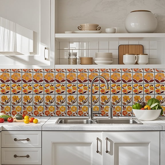 36 Pcs 4 Style Wall Stickers Orange Flowers Peel and Stick Wall Tile Sticker Art Flowers Waterproof Self Adhesive Stick on Tile Decals