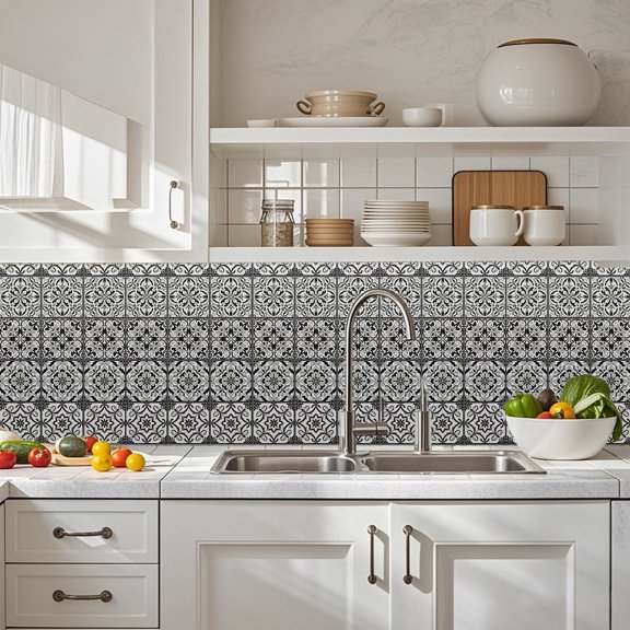 36 Pcs 4 Style Wall Stickers Retro Barque Pattern Peel and Stick Wall Tile Sticker Black Geometric Waterproof Self Adhesive Stick on Tile Decals