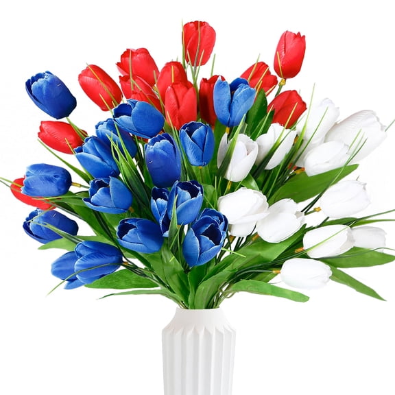 36 Pcs 4th of July Flowers Tulips Fake Artificial Flowers Silk 12" Patriotc Flower for Independence Day Memorial Day Home Kitchen Floral Arrangements Table Centerpieces Decor (Red White Blue)