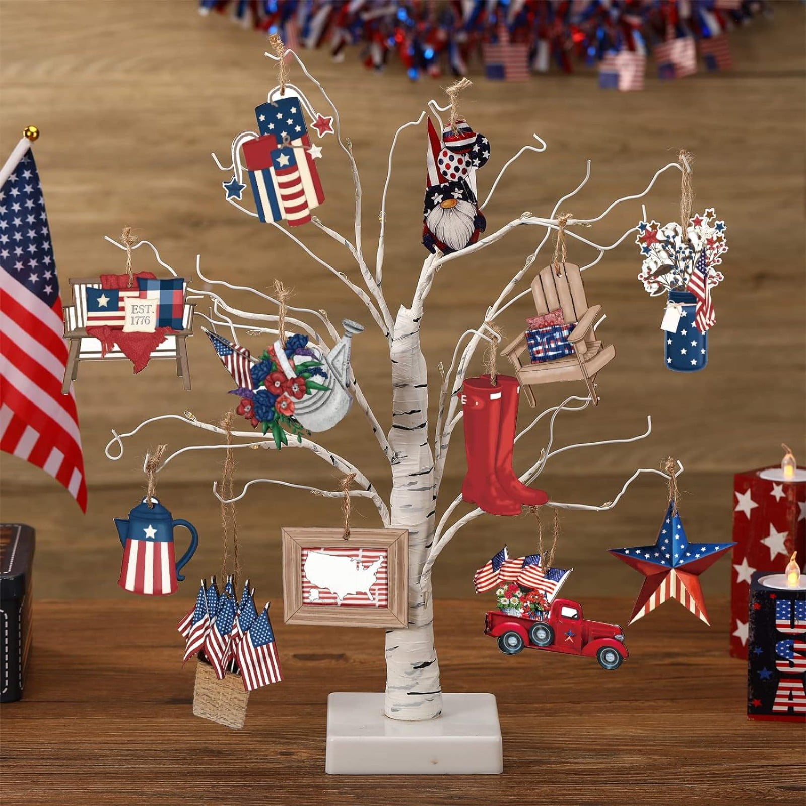 4th Of July Gnome DIY Wood Ornaments Kit – 18 Unfinished Wood Cutouts, Colored Markers, Red White Blue Patriotic Decor
