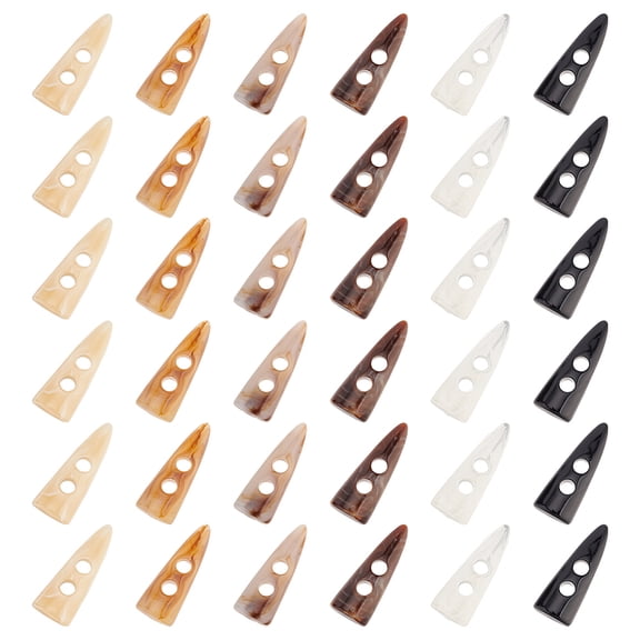 36 Pcs 6 Colors Resin Toggle Buttons 1.9x0.7x0.5 inch Ox Horn Sewing Toggle Two Holes Horn Tooth Shape Resin Buttons Sweater Coat Jacket Buttons