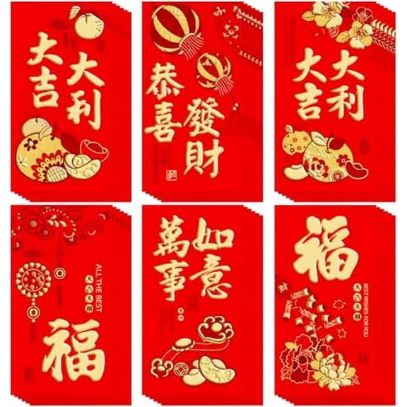 36 Pcs 6 Designs Chinese New Year Red Envelopes 2026, 3.5 x 6.7 Inches Hong Bao Lucky Money Cash Envelopes Red Packets Lai See for Spring Festival, Lunar New Year, Weddings, Birthdays, etc$$Office