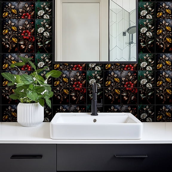 36 Pcs 6 Style Retro Flowers Tile Stickers Colorful Metal Flowers Peel and Stick Wall Tile Stickers Waterproof Self Adhesive Stick on Tiles Decals