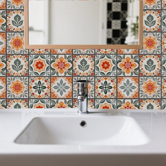 36 Pcs 6 Style Simple Flowers Patten Tile Sticker Geometric Leaves Shapes Wall Tile Stickers Waterproof Self Adhesive Stick on Decals