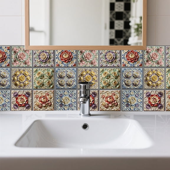 36 Pcs 9 Style 3D Relief Colorful Flowers Style Patten Tile Sticker Wall Tile Stickers Waterproof Self Adhesive Stick on Decals