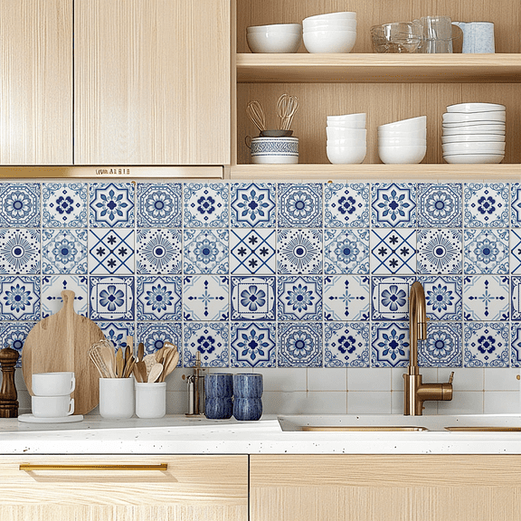 36 Pcs 9 Style Blue Spanish Style Patten Tile Sticker Retro Patten Wall Tile Stickers Waterproof Self Adhesive Stick on Decals
