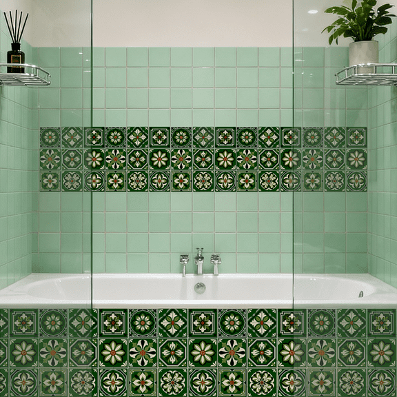 36 Pcs 9 Style Green Retro Flowers Patten Tile Sticker Mandala Yellow and Green Patten Wall Tile Stickers Waterproof Self Adhesive Stick on Decals