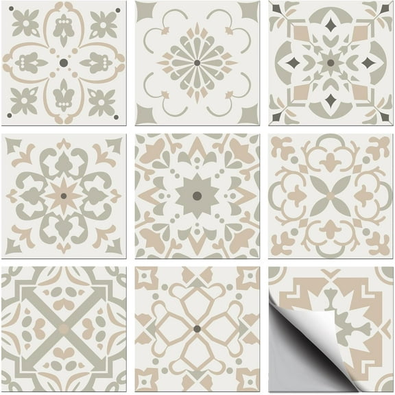 36 Pcs 9 Style Tile Sticker Moroccan Style Peel and Stick Wall Stickers Geometric Beige Flowers Waterproof Self Adhesive Stick on Tile Decals for Kitchen Bathroom Wall Art Decor 44 Inch Beige
