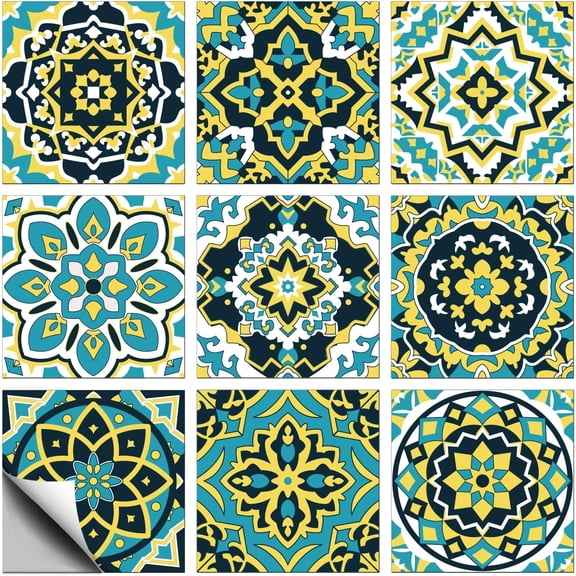 36 Pcs 9 Style Tile Sticker Moroccan Style Peel and Stick Wall Stickers Blue and Yellow Waterproof Self Adhesive Stick on Tile Decals for DIY Making