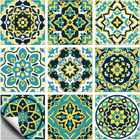 36 Pcs 9 Style Tile Sticker Moroccan Style Peel and Stick Wall Stickers Blue and Yellow Waterproof Self Adhesive Stick on Tile Decals