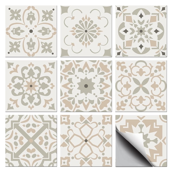 36 Pcs 9 Style Tile Sticker Moroccan Style Peel and Stick Wall Stickers Geometric Beige Flowers Waterproof Self Adhesive Stick on Tile DecalsDIY