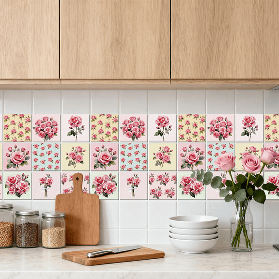 36 Pcs 9 Style Vintage Pink Roses Patten Tile Sticker Wall Tile Stickers Waterproof Self Adhesive Stick on Decals