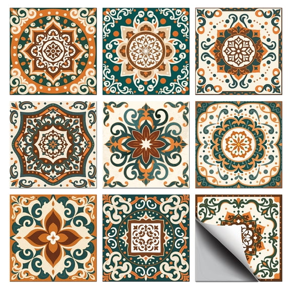 36 Pcs 9 Style Wall Stickers Retro Mandala Peel and Stick Wall Tile Sticker Geometric Texture Waterproof Self Adhesive Stick on Tile Decals
