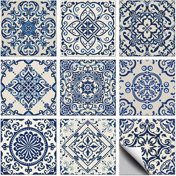36 Pcs 9 Styles Blue Patten Tile Sticker Geometric Mexican Pattern Wall Tile Stickers Waterproof Self Adhesive Stick on Decals for Kitchen Bathroom Wall Art 44 Inch for DIY