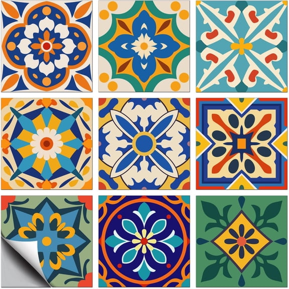 36 Pcs 9 Styles Colorful Patten Tile Sticker Geometric Simple Shapes Wall Tile Stickers Waterproof Self Adhesive Stick on Decals