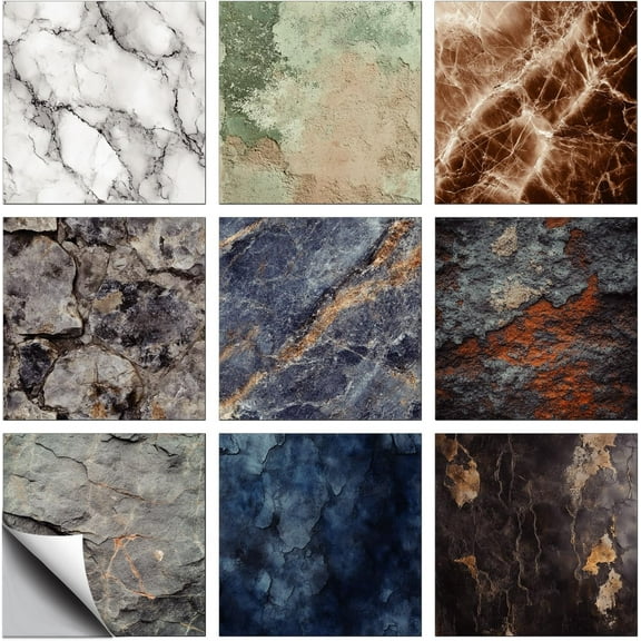 36 Pcs 9 Styles Stone Textures Wall Sticker Marble Pattern Peel and Stick Wall Tile Waterproof Self Adhesive Stick on Tile Decals for Kitchen Bathroom Decor with Scraper 44 Inch for DIY