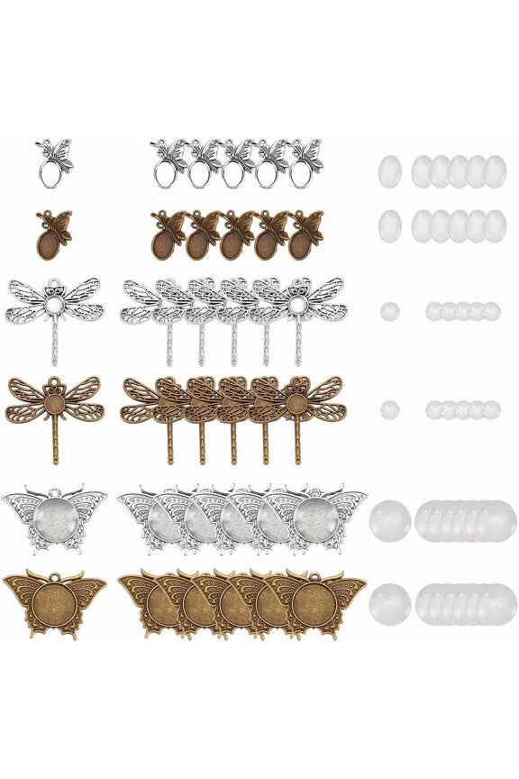 36 Pcs Animal Photo Charms 6 Styles Animal Pendant Trays Blank Bezel Butterfly Dragonfly Memorial Photo Pendant with 36 Pcs Glass Cabochons for DIY Jewelry Making