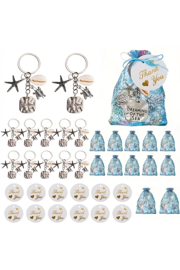 36 Pcs Beach Theme Keychain Party Favors Set, Starfish Shell Turtle Keychains with Thank You Cards and Gift Bags, Ocean Summer Party Supplies for Wedding Bridal Shower Vacation Gifts