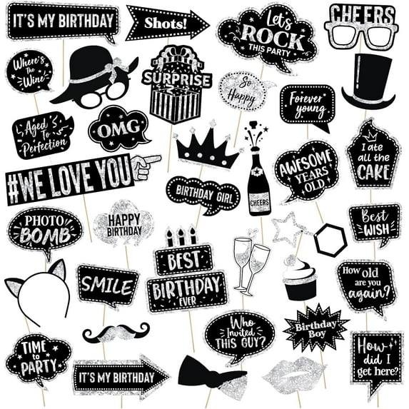 36 Pcs Birthday Photo Booth Props Kit Happy Birthday Graduation Wedding Party Favors Supplies Bday Party Decor 40th- 50th-60th Photobooth Funny Cute Holiday Selfie Supplies(Silver and Black)